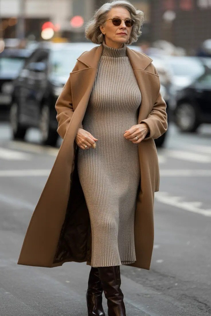 camel coat with taupe knit dress and boots for women over 50