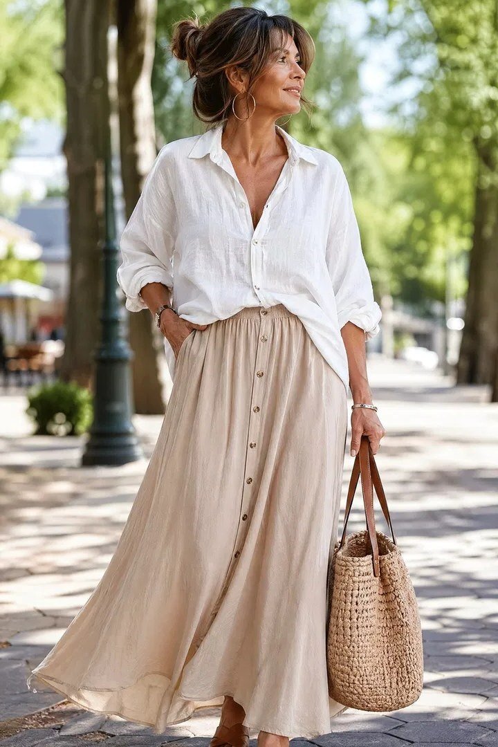 White linen shirt with a beige flowy maxi skirt and woven straw tote, breezy weekend outfit for women over 40