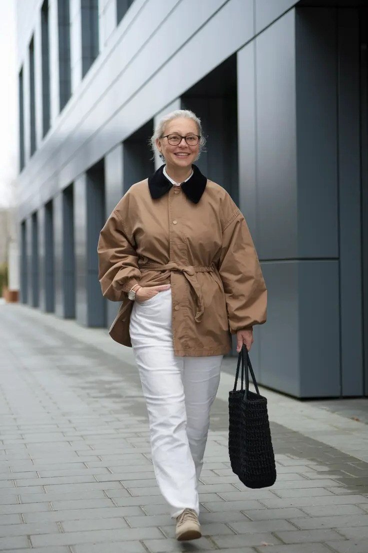 Camel blouson jacket with white jeans and loafers, woman over 50 street style