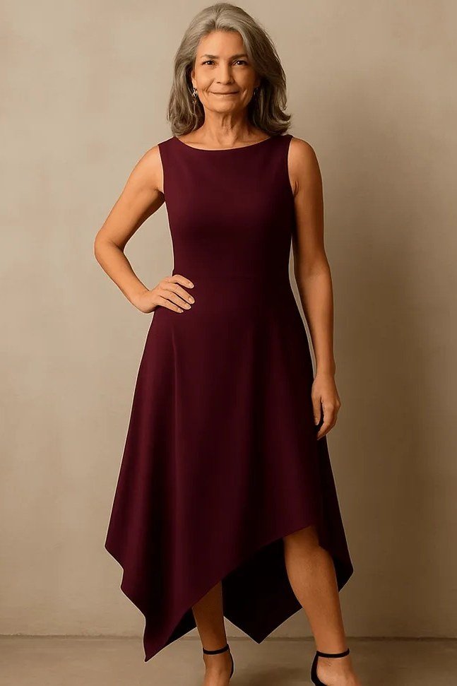 Burgundy high-low cocktail dress for women over 50, fall date night outfit