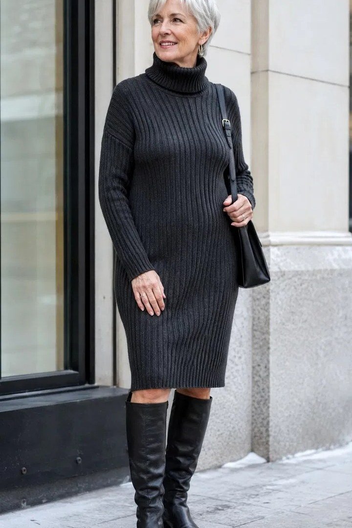 gray ribbed turtleneck dress with boots for women over 60