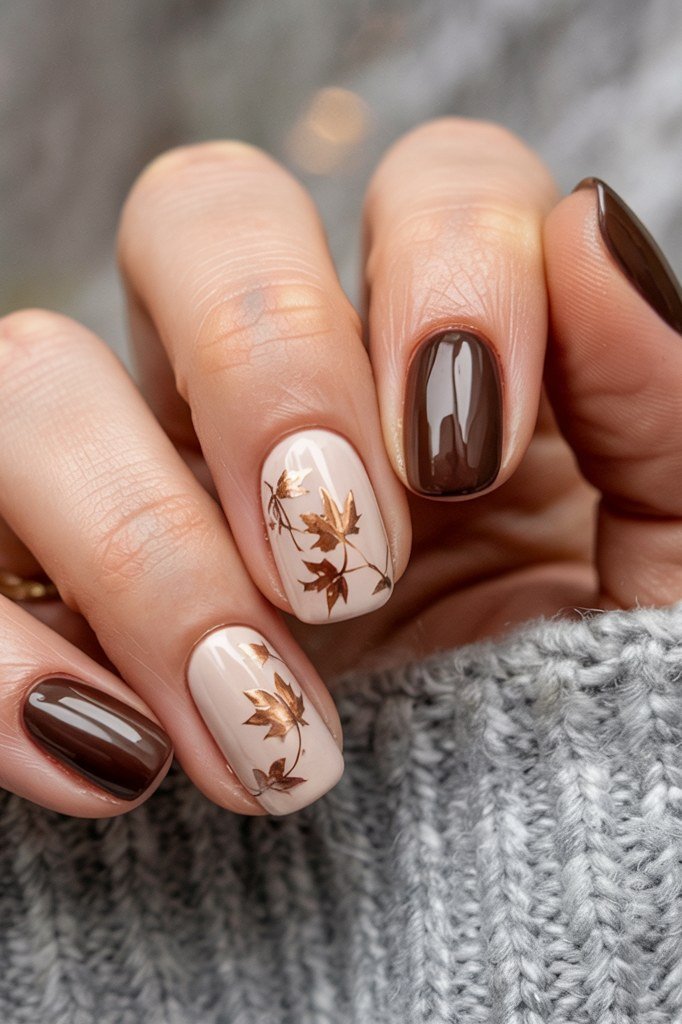 Chocolate brown solid with nude accent nails with brown maple leaf art, short almond, glossy, gray sweater cuff, fall nail color for women over 40
