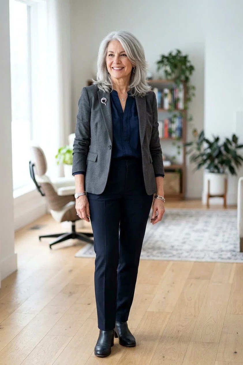 Grey blazer navy top dark jeans, grey-haired woman in bright room - business casual work outfit for women over 50
