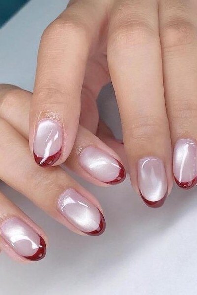 short oval, chrome pink with deep burgundy french tips, two hands , for women over 60