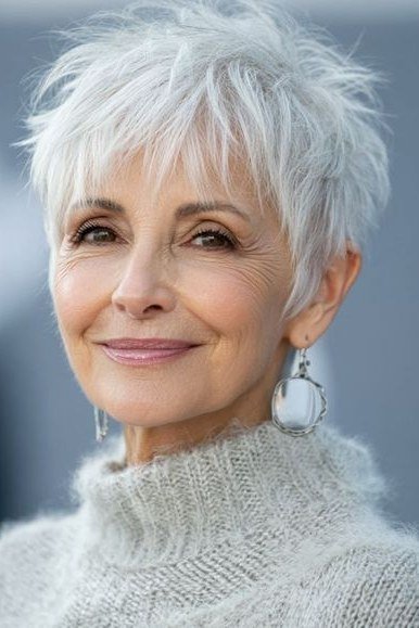 Short white spiky pixie with tousled top