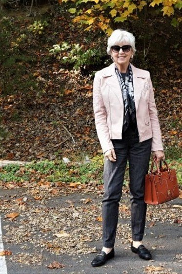 Pink Jacket Jeans and Scarf outfit for women over 70, chic style idea 21
