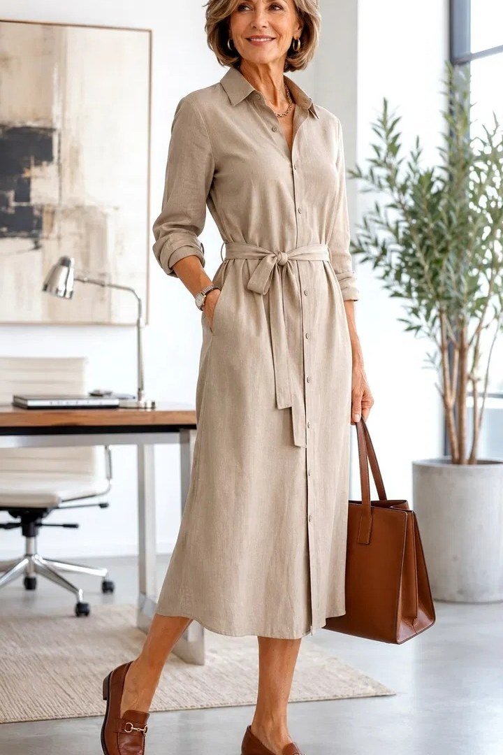Beige shirtdress with brown tote in an office