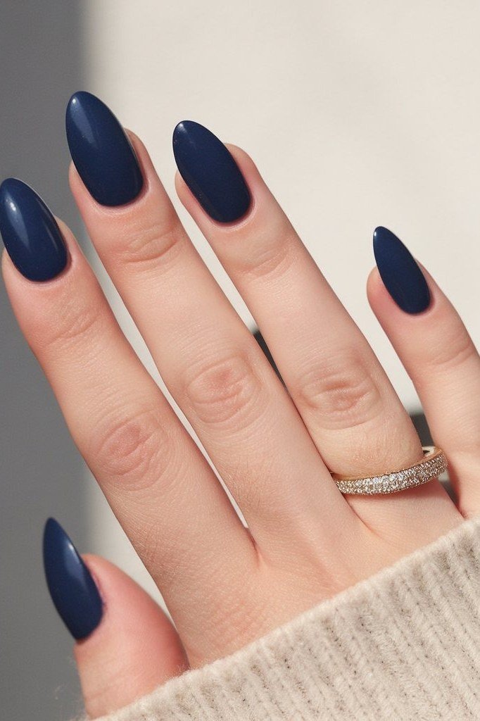 Navy almond matte and glossy mix, elegant fall nail design for women over 40