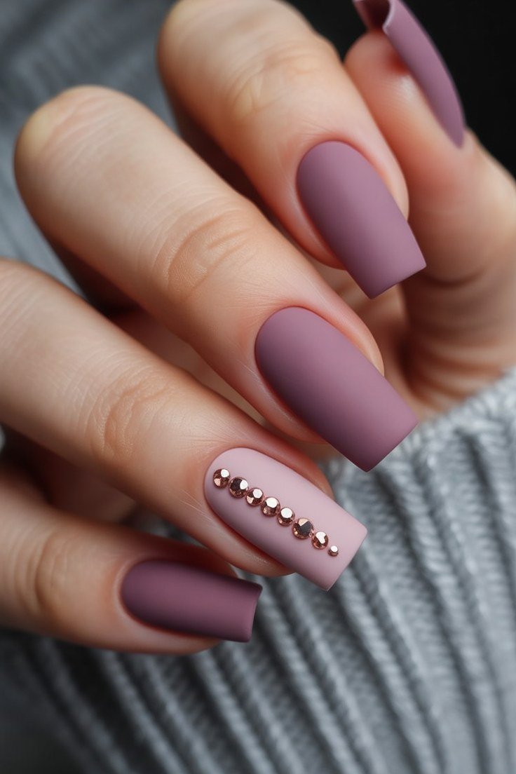 Matte Mauve Nails with a Rhinestone French Accent, elegant mauve nail idea for women over 60