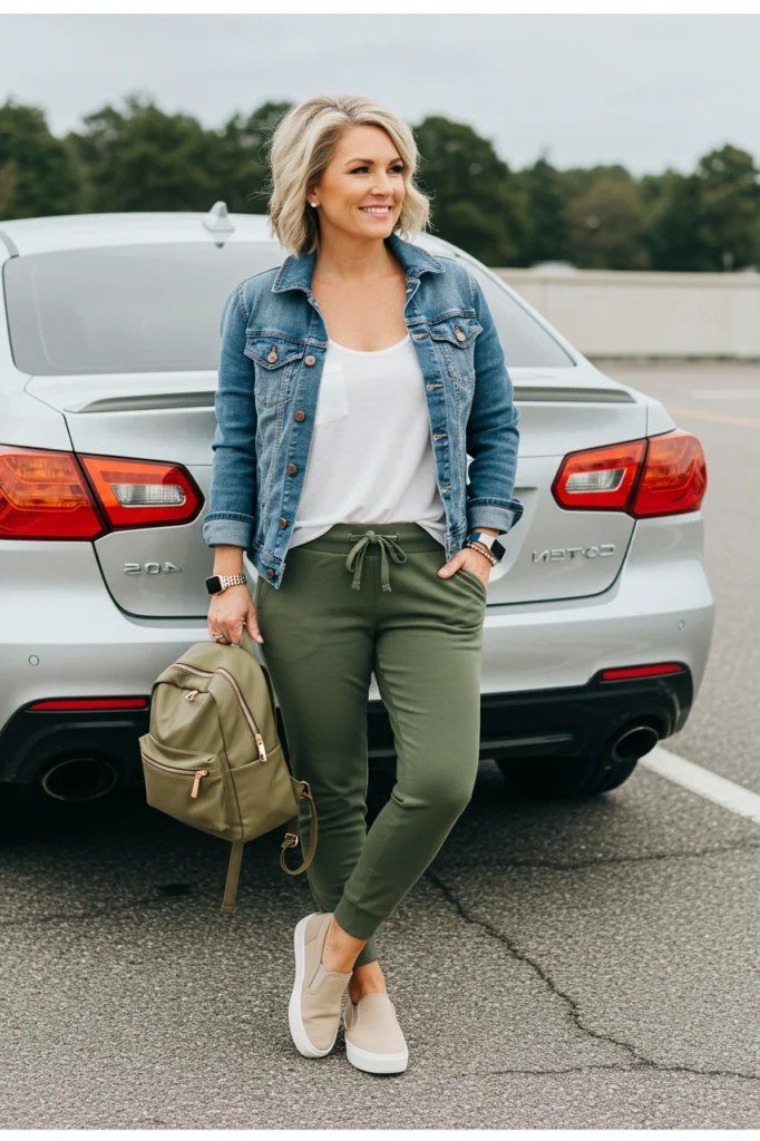 Denim Jacket With Olive Joggers - flattering outfit idea for women over 50, how to dress better over 50