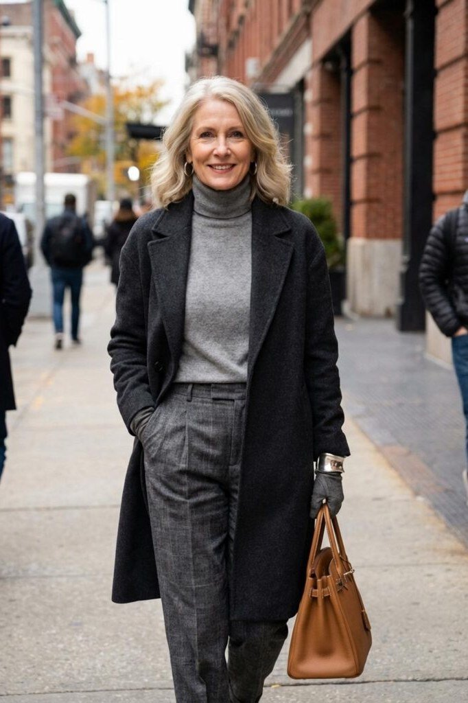 Black coat with gray turtleneck and gray plaid trousers for women over 50