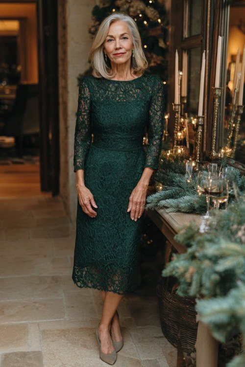 emerald green lace sheath dress with clutch, evening interior,, elegant wedding guest dress for women over 60