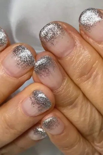 Silver Glitter French Tip Nails - silver glitter french tips mature hands, glitter winter nail design for women over 60