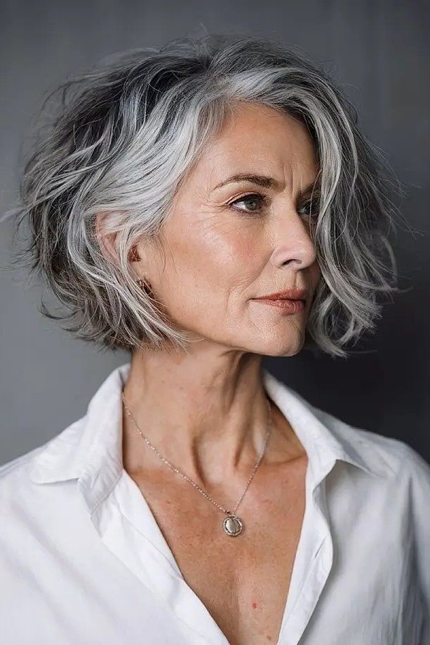 salt and pepper bob haircut for women over 50, side view