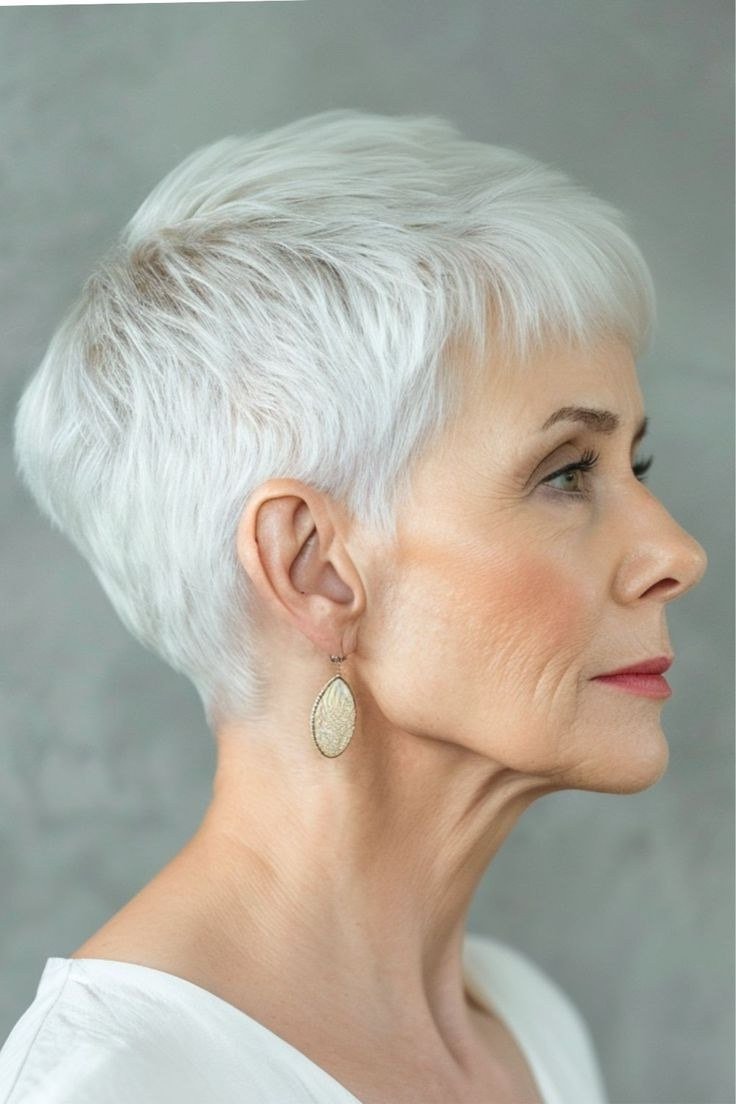 White classic pixie, clean, timeless hairstyle for women over 70