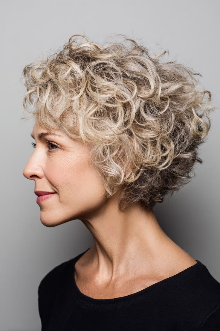 Silver curly bixie haircut side view for women over 60