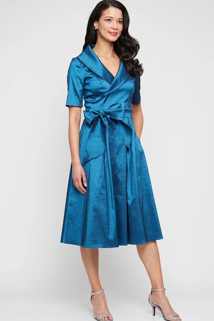 teal wrap midi dress, elegant cocktail dress for women over 60
