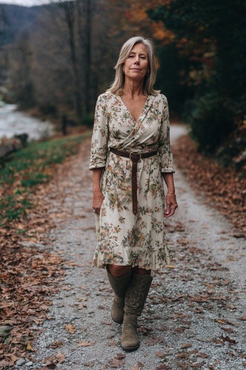 Fall city outfit for women over 50: cream floral wrap dress brown boots