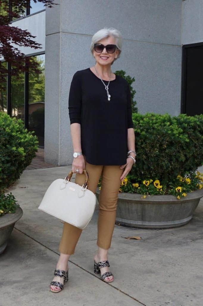 Black Top with Khaki Pants, classic casual outfit for women over 70