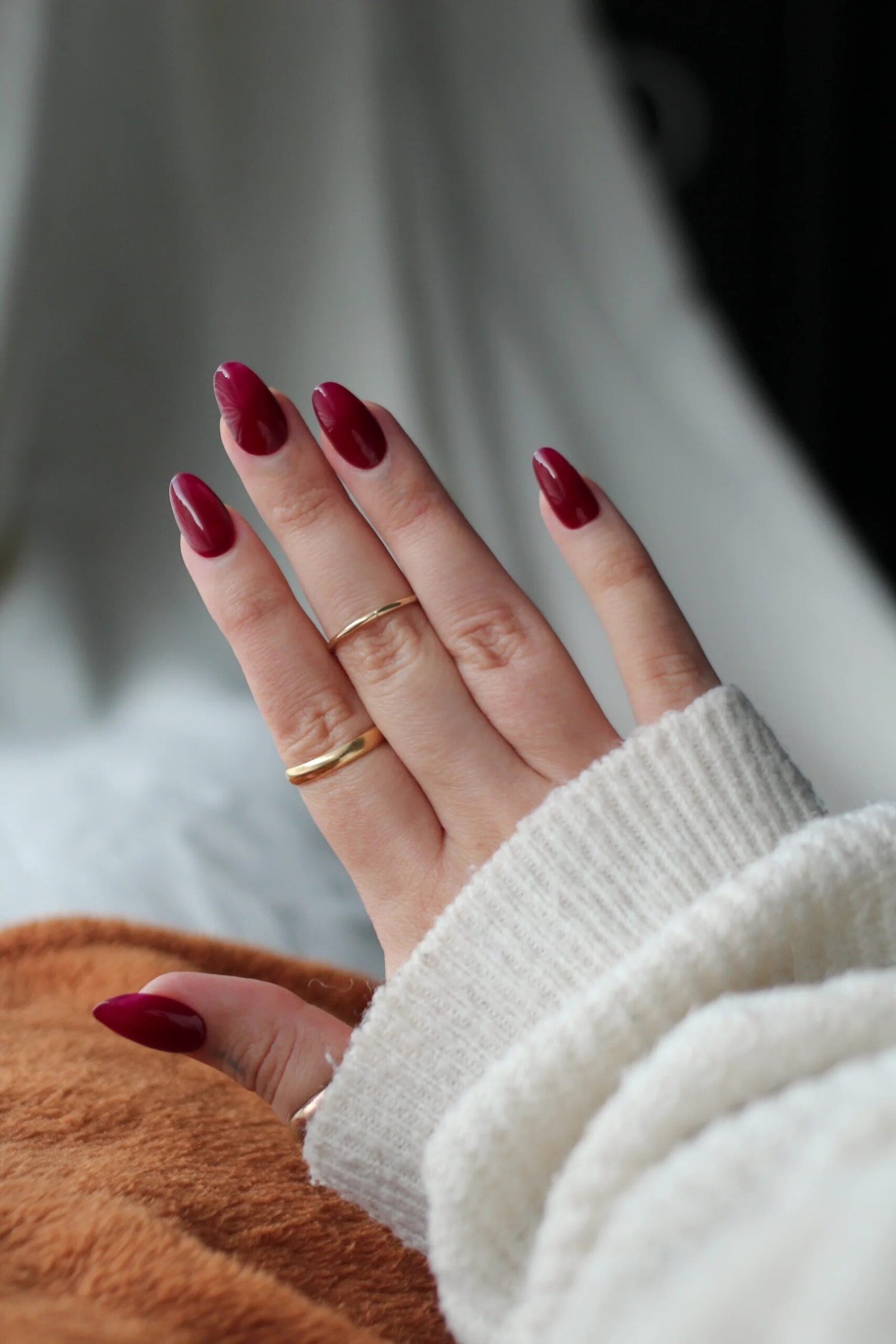 Cherry Red Nails with a Burgundy Sweater - old money fall nail color for women over 40