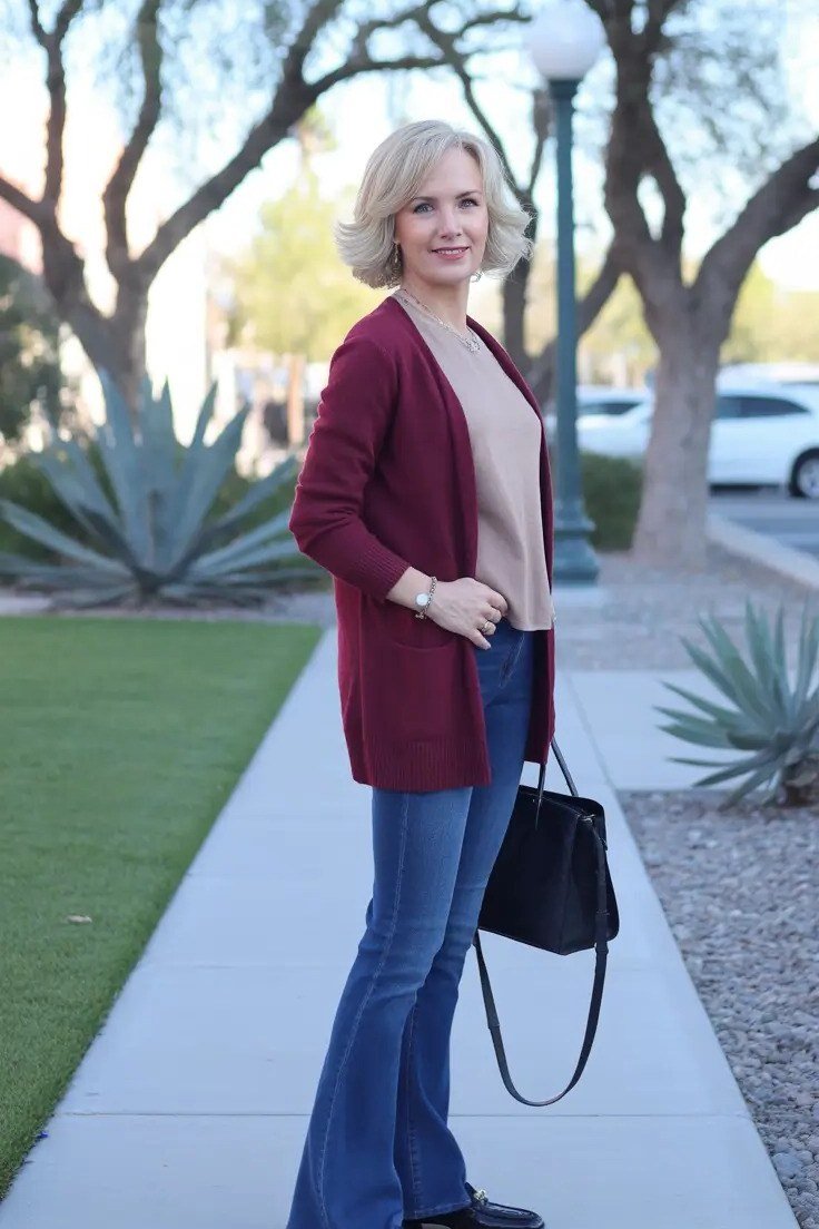 Burgundy Cardigan with Medium-Wash Jeans - chic casual outfit for women over 50
