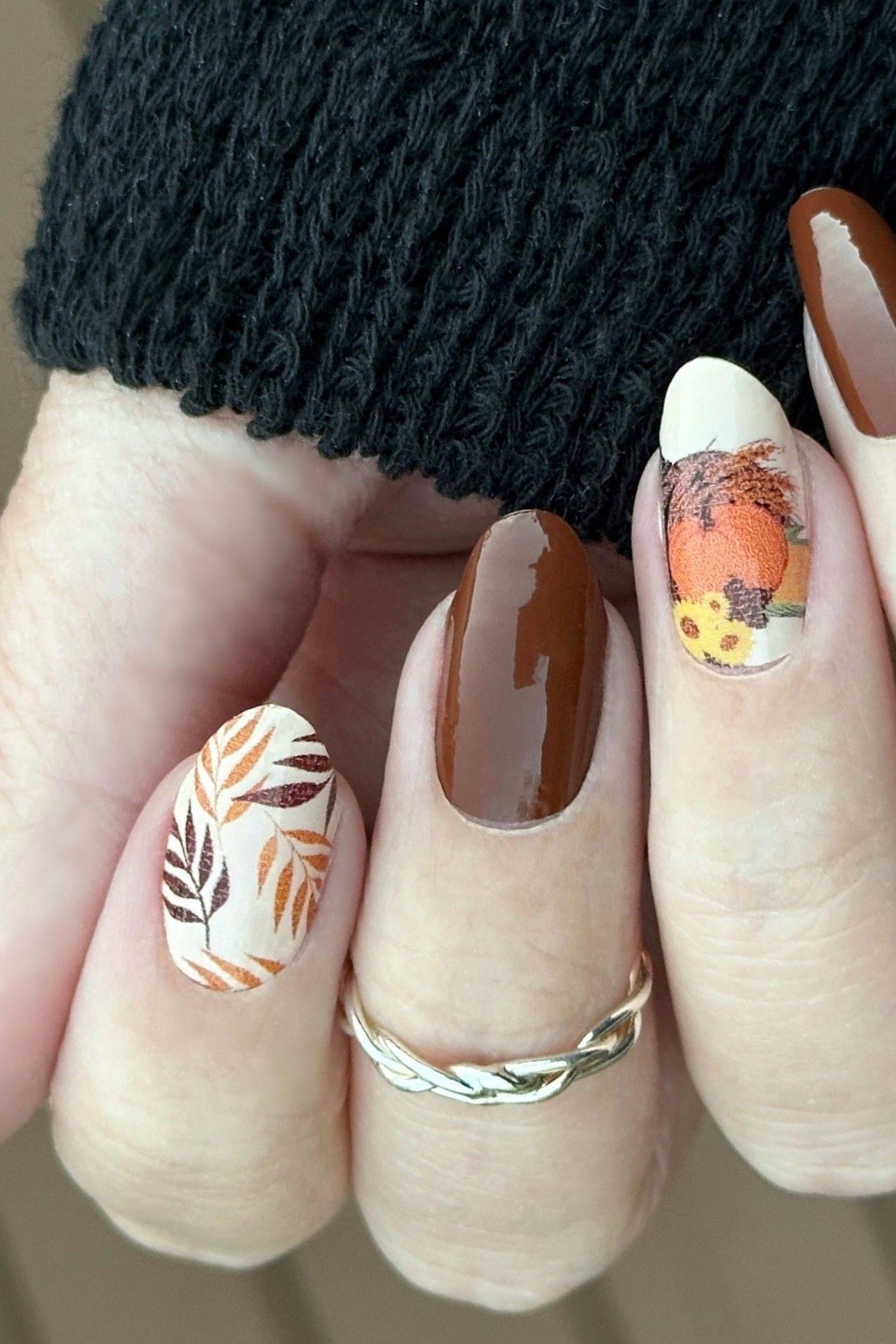 21. Chocolate Nails With Delicate Foliage - Thanksgiving nail art idea for women over 50