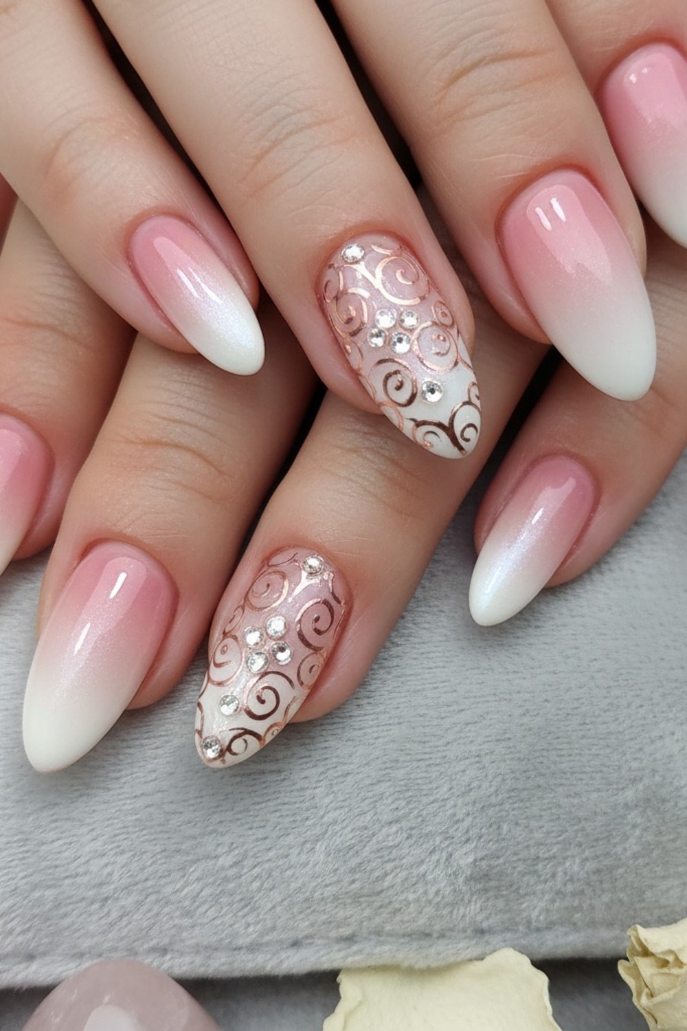 baby boomer nails with lace swirl and crystal accents