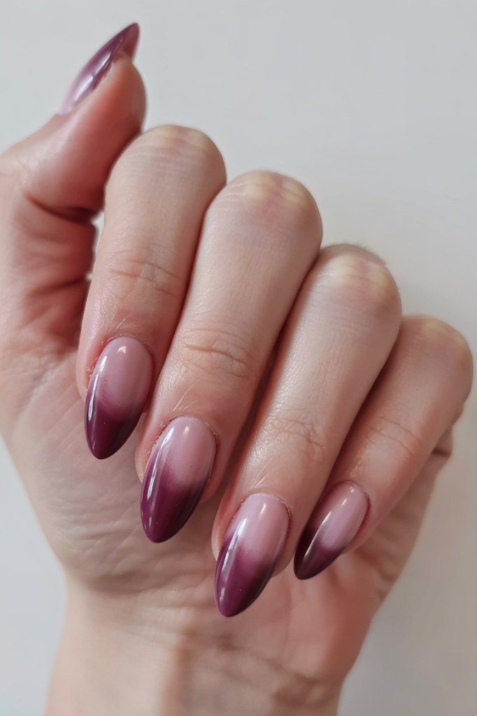 Matte burgundy ombre almond, burgundy fall nail idea for women over 60