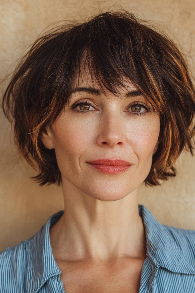 Voluminous Dark Brunette Shag with Bangs - medium shag haircut for women over 40