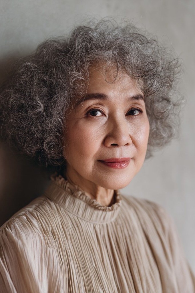 Salt-and-pepper curly bob front view - curly hairstyle for women over 60