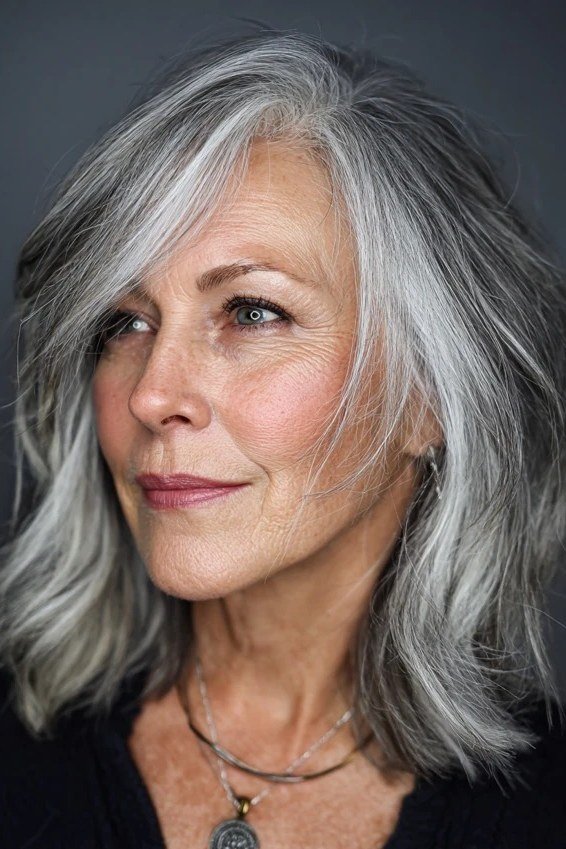 Silver Medium Layers with a Healthy Glow, medium hairstyle for women over 70