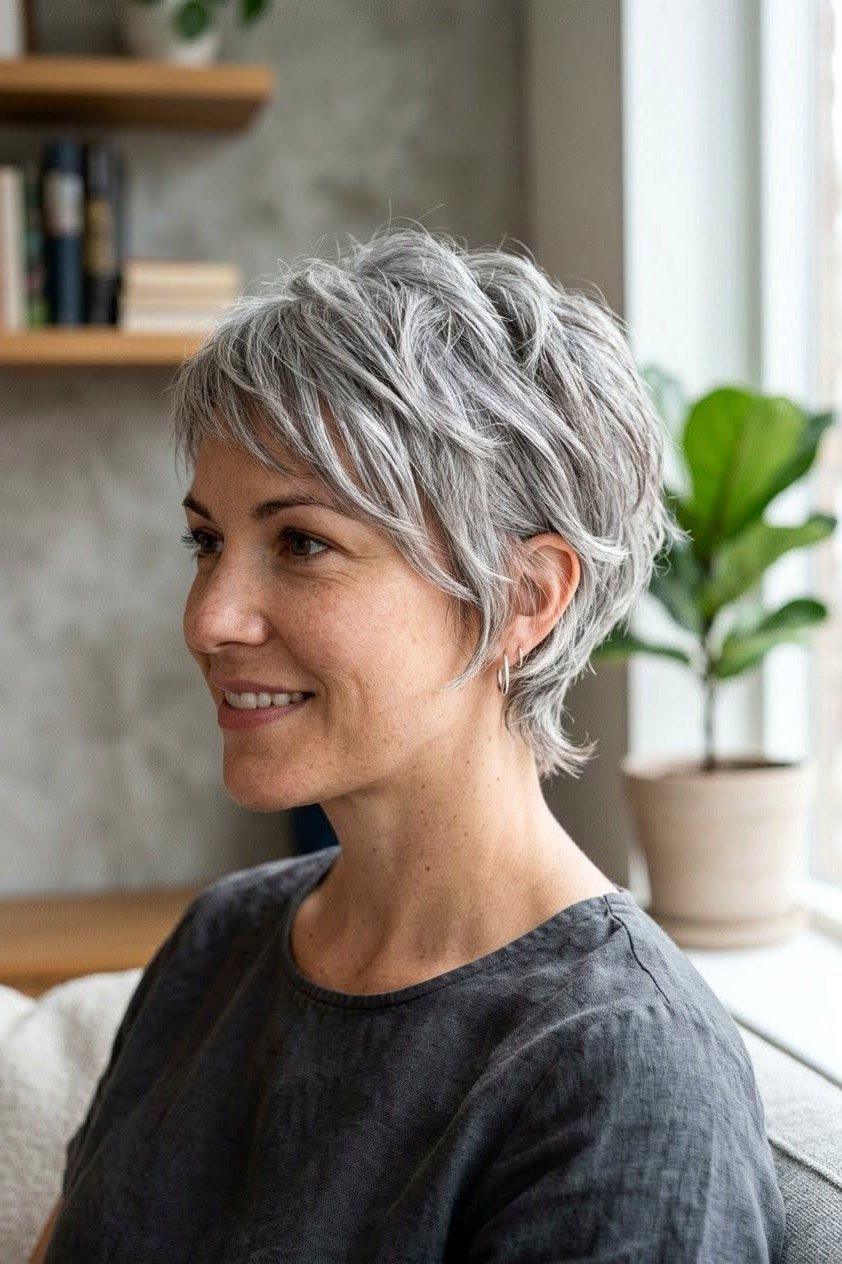 Grey wispy pixie haircut with side sweep by a plant for women over 60