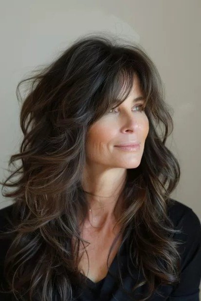 Long dark-brown layered hair with curtain bangs for women over 50
