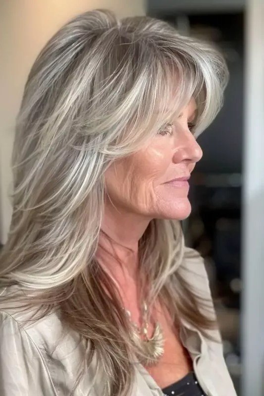 Silver-Grey Layered Butterfly Cut - butterfly cut hairstyle for women over 60
