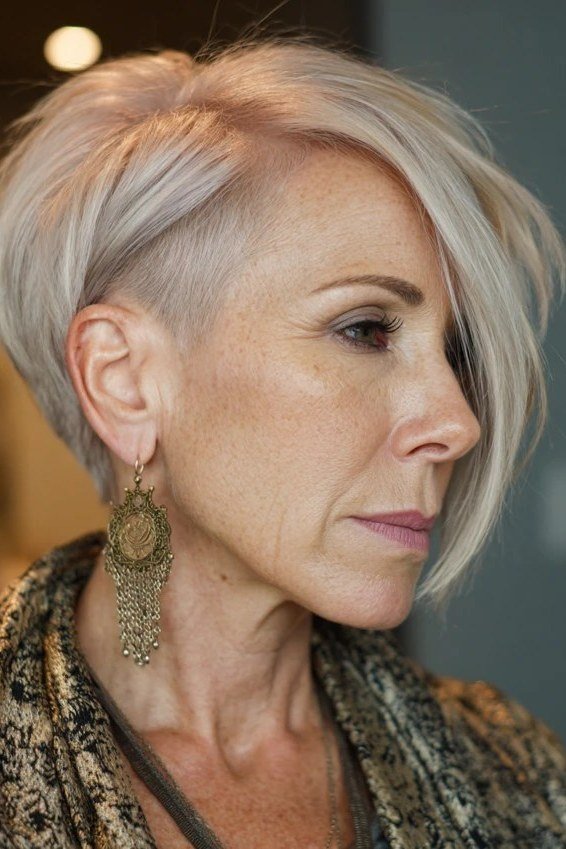 Blonde Asymmetrical Pixie - bold edgy pixie haircut for women over 50