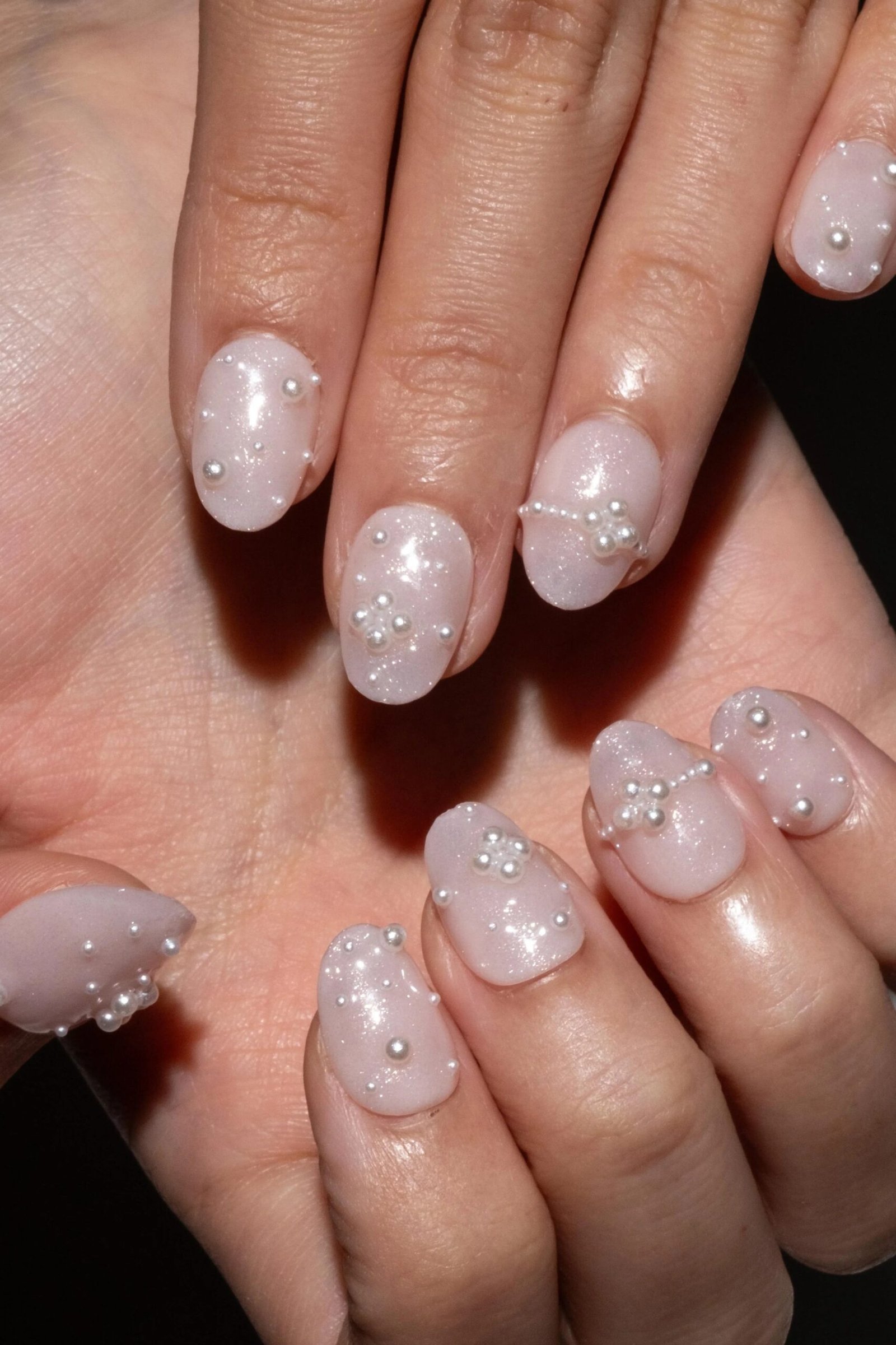 Milky Pink Short Nails with Pearl Dots - pearl finish nail idea for women over 60