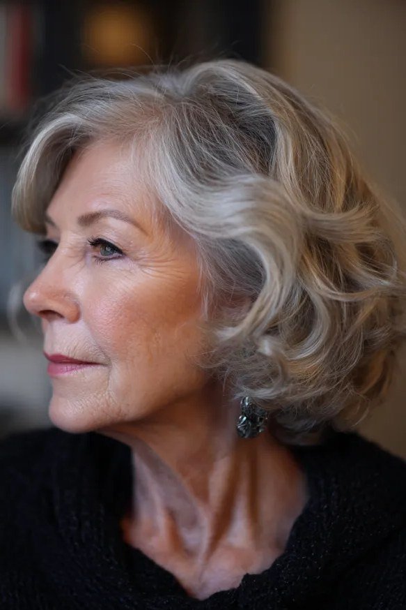 Silver-white wavy bob with soft volume at the crown for women over 60