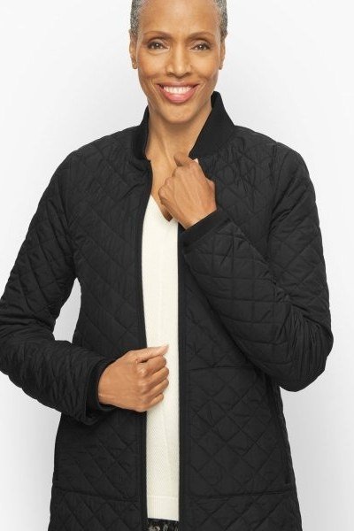 Black quilted jacket outfit for women over 60