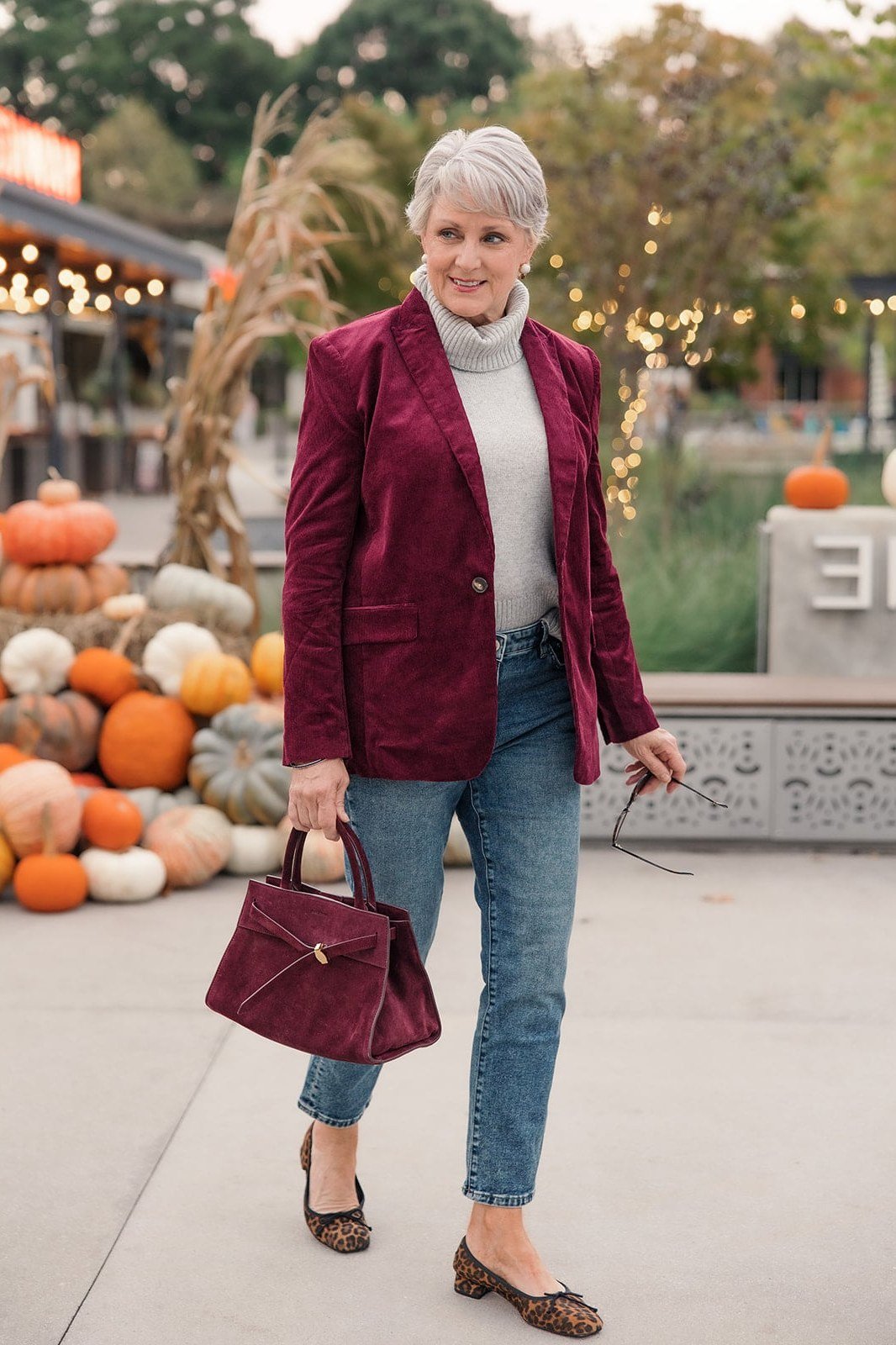 Burgundy Blazer with Dark Jeans on a woman over 50, fall outfit idea