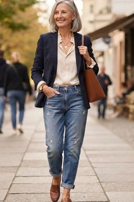 Navy blazer with jeans and brown boots, polished casual fall outfit for women over 50