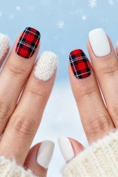 White Nails with Red Plaid Accent, fun winter nail idea for women over 60
