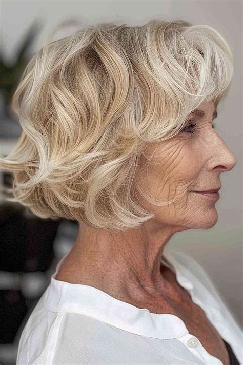 Chin-Length Blonde Wavy Bob - short wavy bob hairstyle for women over 60