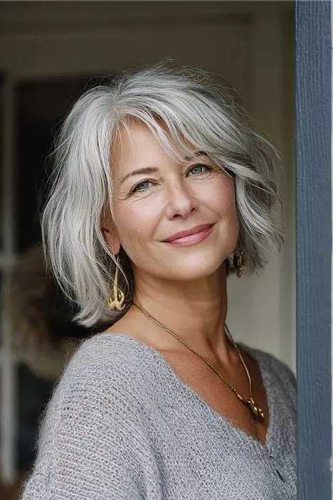 Layered silver hair with flow on an older woman, front view, medium hairstyle for women over 60