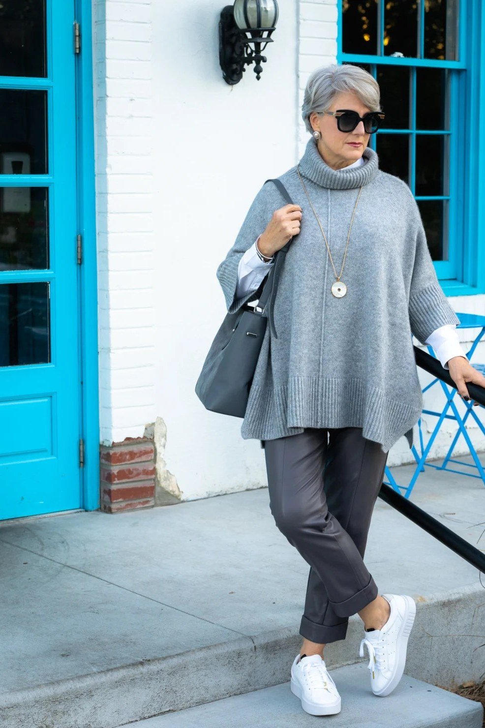 Grey Turtleneck Poncho with White Sneakers - fall outfit for women over 40