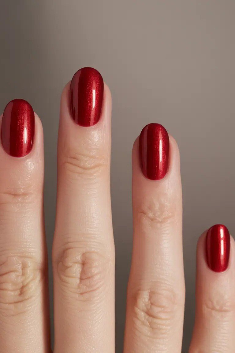 Long cherry red oval nails with an intense glossy finish, classic fall statement.