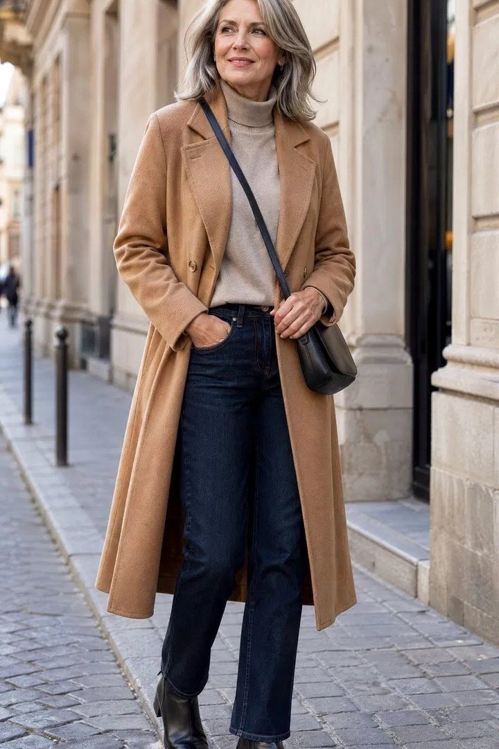 Effortlessly chic fall outfit for women over 60: camel coat with grey turtleneck and flared jeans