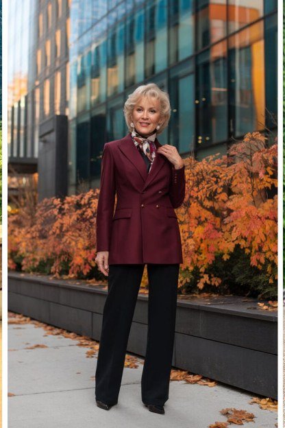 Elegant fall outfit for women over 70: burgundy blazer with black trousers