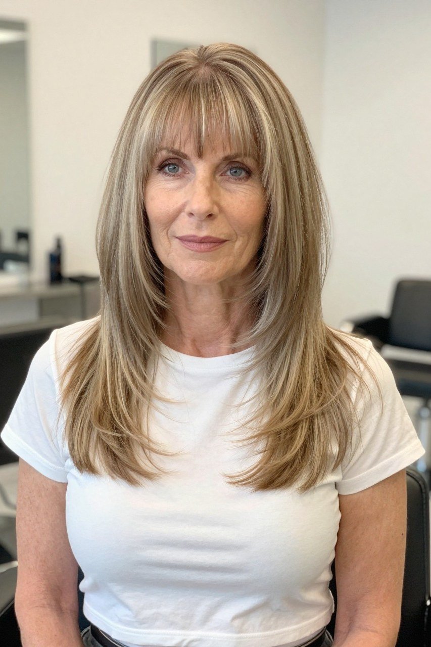 Sleek blonde blowout with bangs, layered medium-length hairstyle, front view, for women over 50