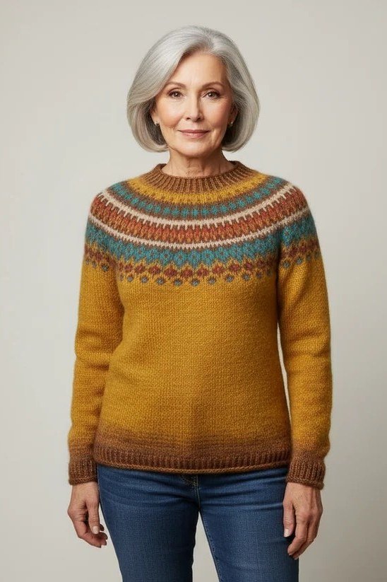 Mustard fair-isle yoke sweater with jeans on studio backdrop, cozy sweater outfit idea for women over 70