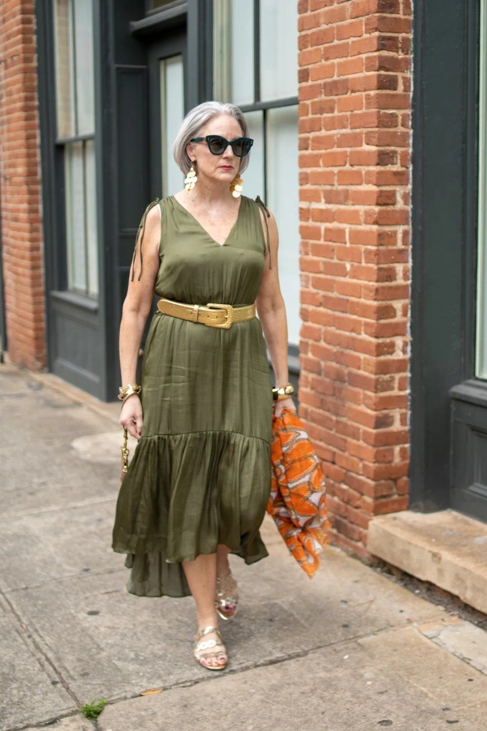 Olive Green Sleeveless Tiered Maxi summer outfit idea for women over 60